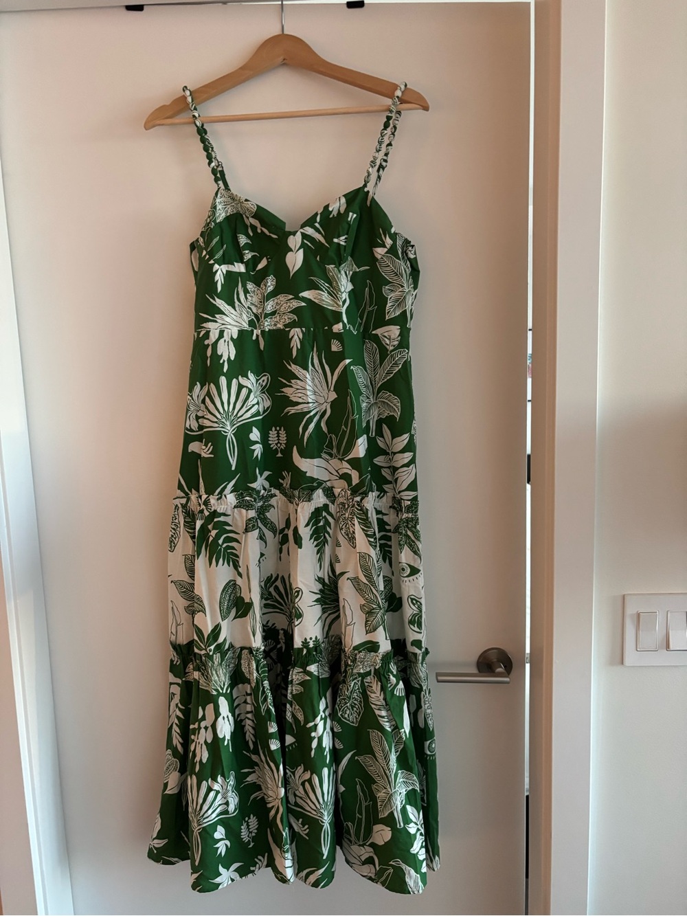 FARM Rio Green and White Botanical Tiered Maxi Dress with Spaghetti Straps